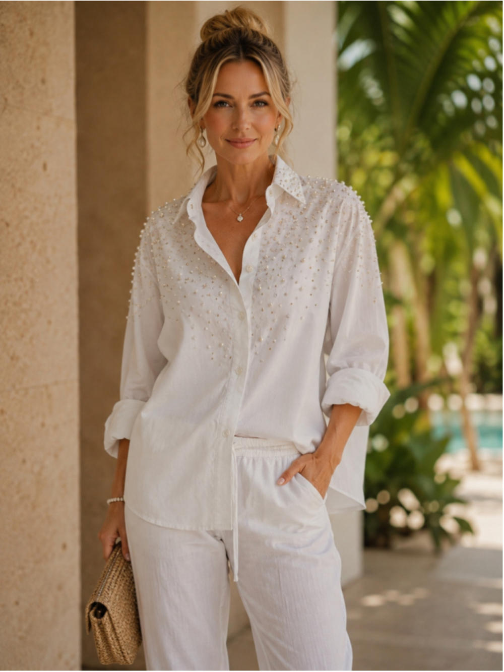 Vintage White Button Down Shirt with Pearl and Bead Embellishments Size XL